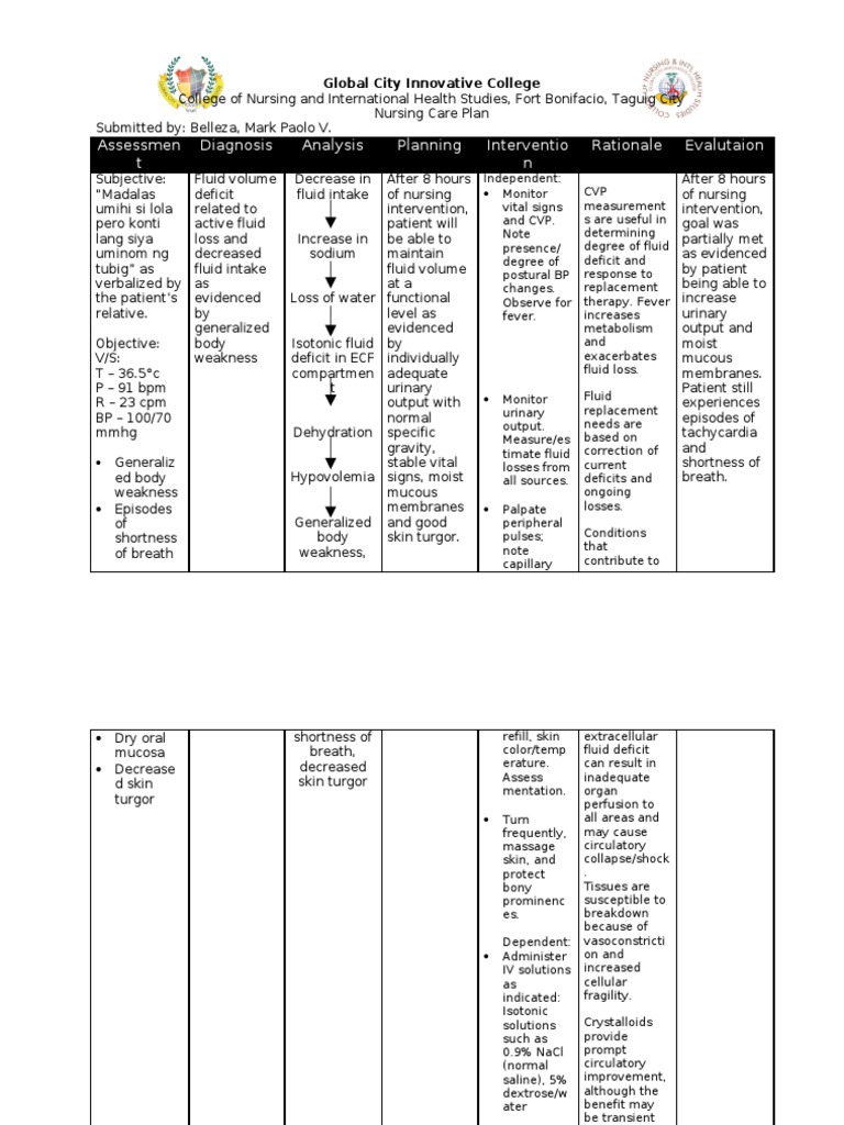 NCP Fluid and Electrolyte Imbalance Dehydration Diseases And