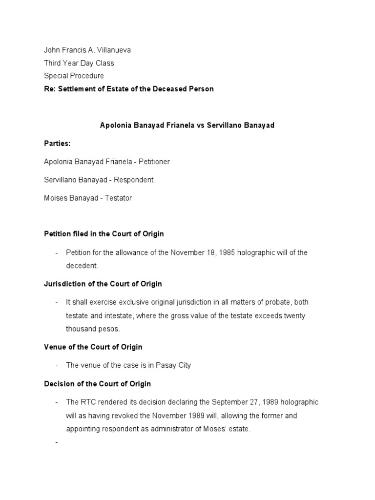 Settlement of Estate of The Deceased Person) PDF Intestacy Probate