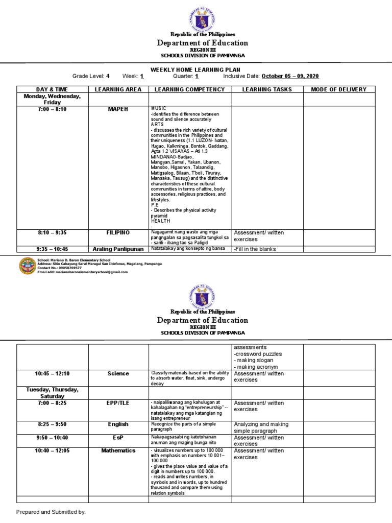 Grade 4 Weekly Home Learning Plan | PDF | Learning | Behavior Modification