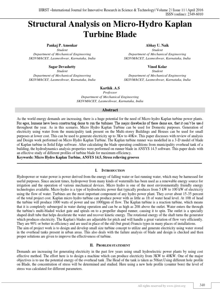 Structural Analysis On Micro-Hydro Kaplan Turbine Blade: Pankaj P ...