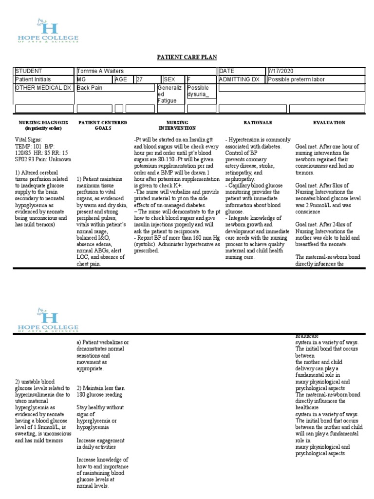 Patient Care Plan: Nursing Diagnosis (In Priority Order) Patient ...