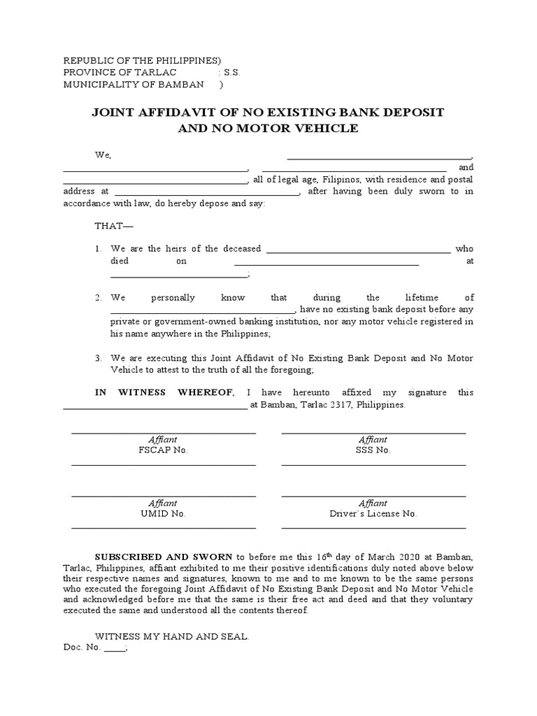 Joint Affidavit of No Existing Bank Deposits or Motor Vehicles by Heirs