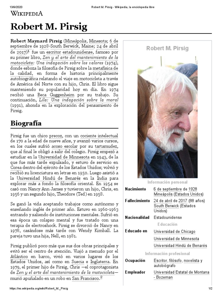 Robert M. Pirsig - Wikipedia, La Enciclopedia Libre | PDF | Science |  Ciencia filosófica
