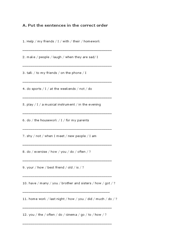 Rearrange Sentences Exercises PDF Adverb Adjective