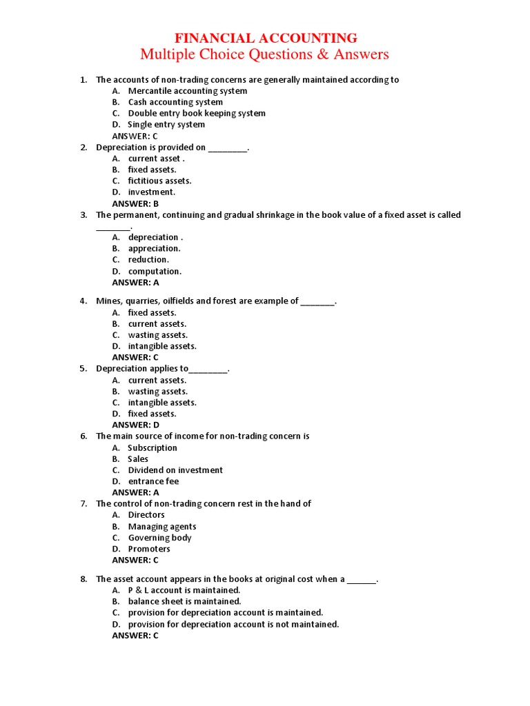 Financial Accounting MCQs and Answers | PDF | Depreciation | Expense