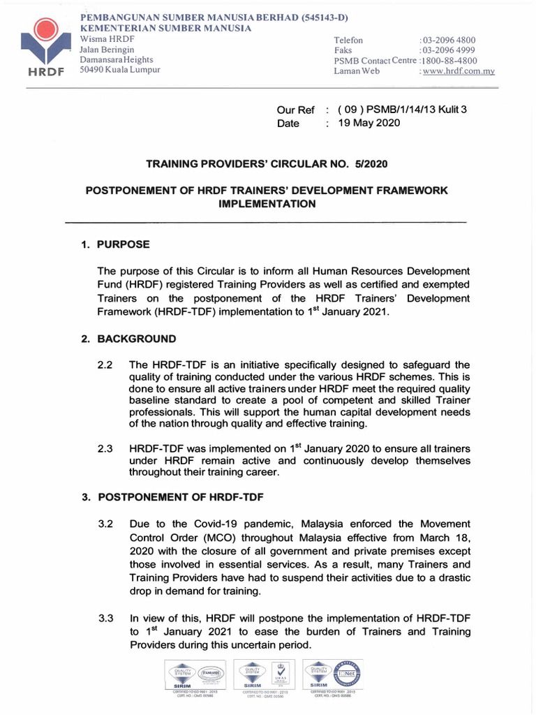 Training Providers' Circular No. 5/2020 Postponement of HRDF Trainers ...