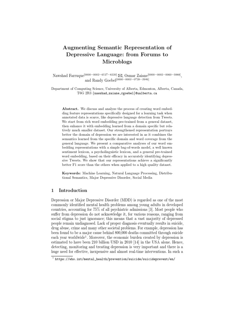 Augmenting semantic representation of depressive language from forums