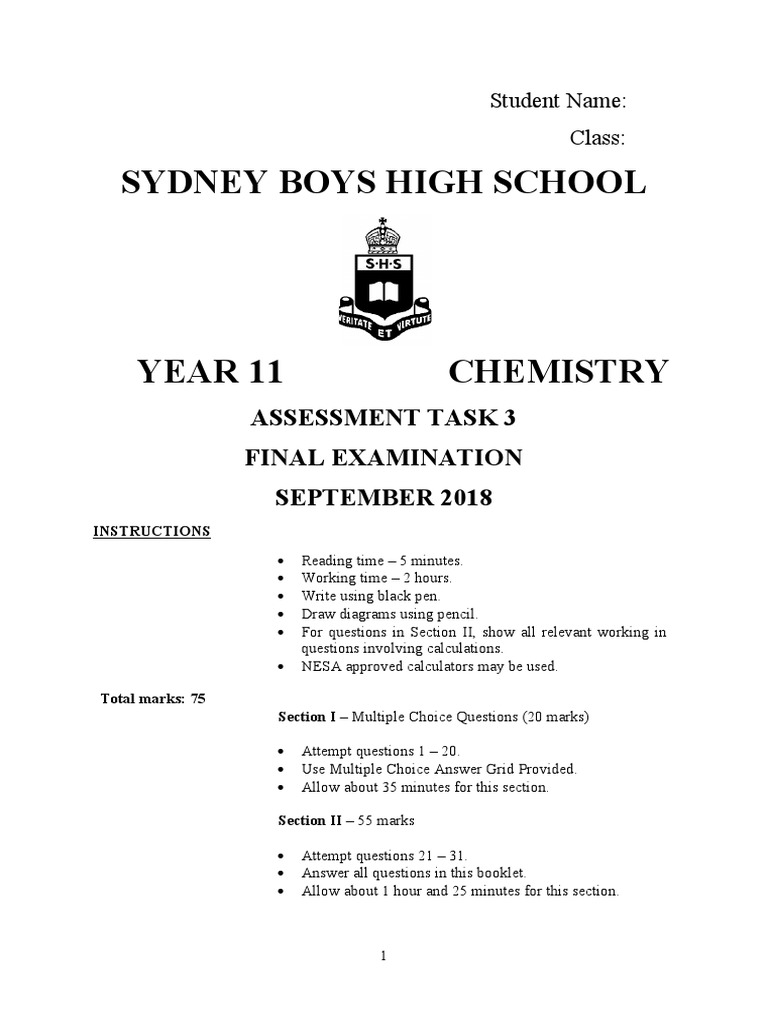 Year 11 Chemistry Exam Paper 2018 | PDF | Chemical Reactions | Solution