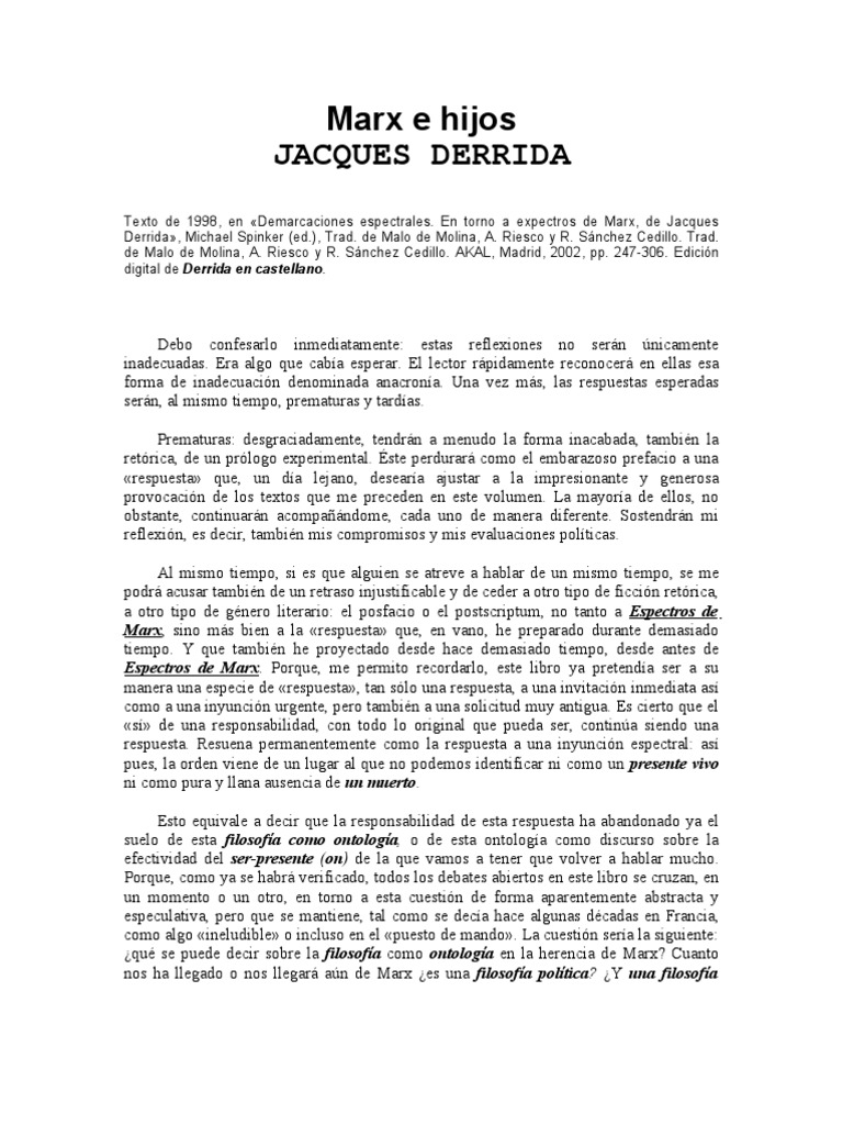 Jacques Derrida - Marx e Hijos | PDF | marxismo | Karl Marx