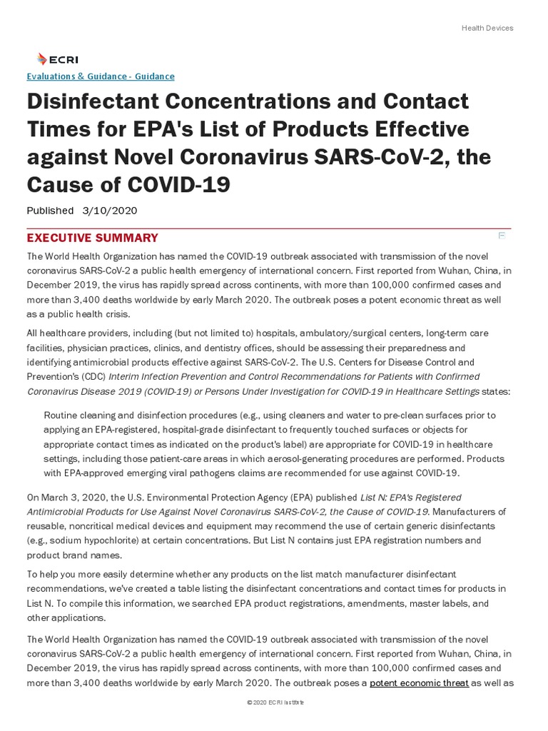 Covid Ecri - Disinfectant Concentrations For Epa List | PDF | Bleach ...