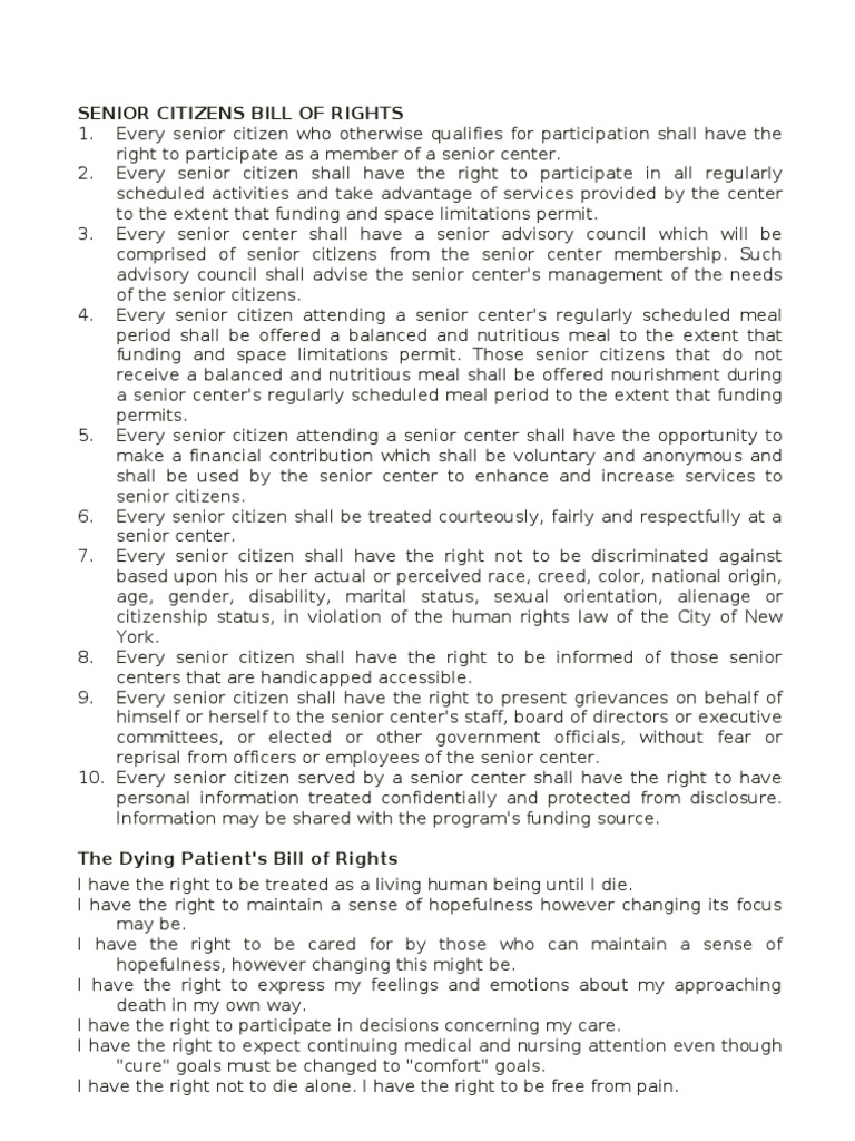 Senior Citizens Bill of Rights | PDF | Citizenship | Dignity