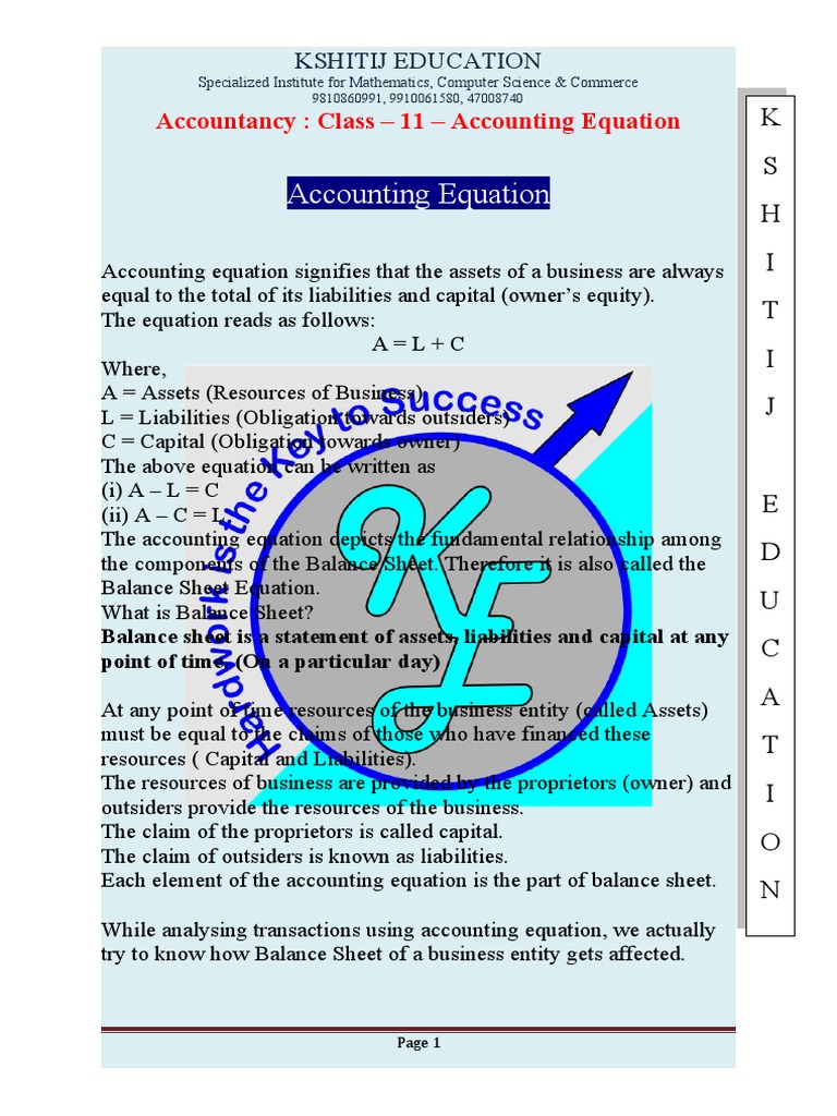 Accountancy: Class - 11 - Accounting Equation | PDF | Balance Sheet ...