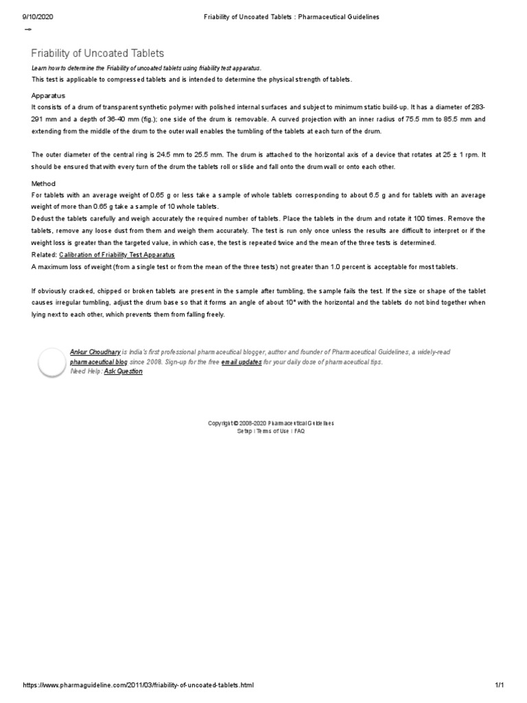 Friability of Uncoated Tablets Pharmaceutical Guidelines PDF Tablet (Pharmacy) Tablet