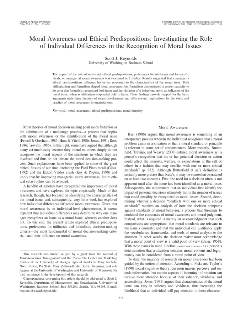 Moral Awareness and Ethical Predispositions: Investigating The Role of ...