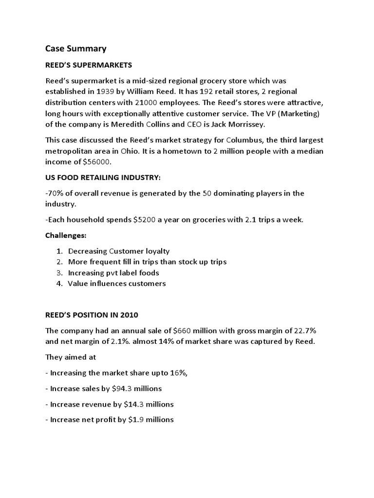 Case Summary Reed'S Supermarkets PDF Supermarket Retail