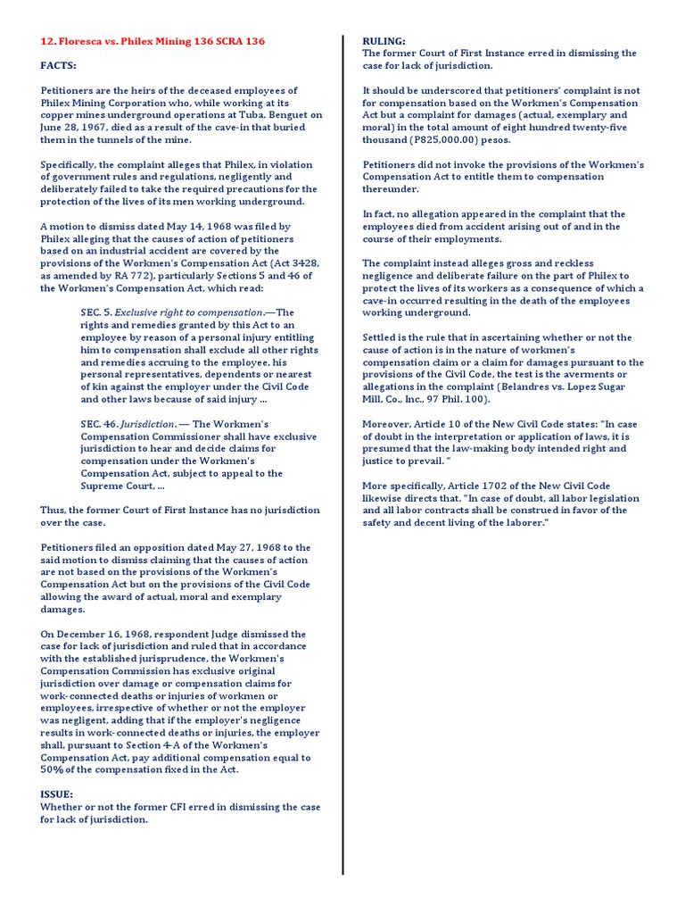 Floresca vs. Philex Mining Case Summary | PDF | Damages | Workers ...