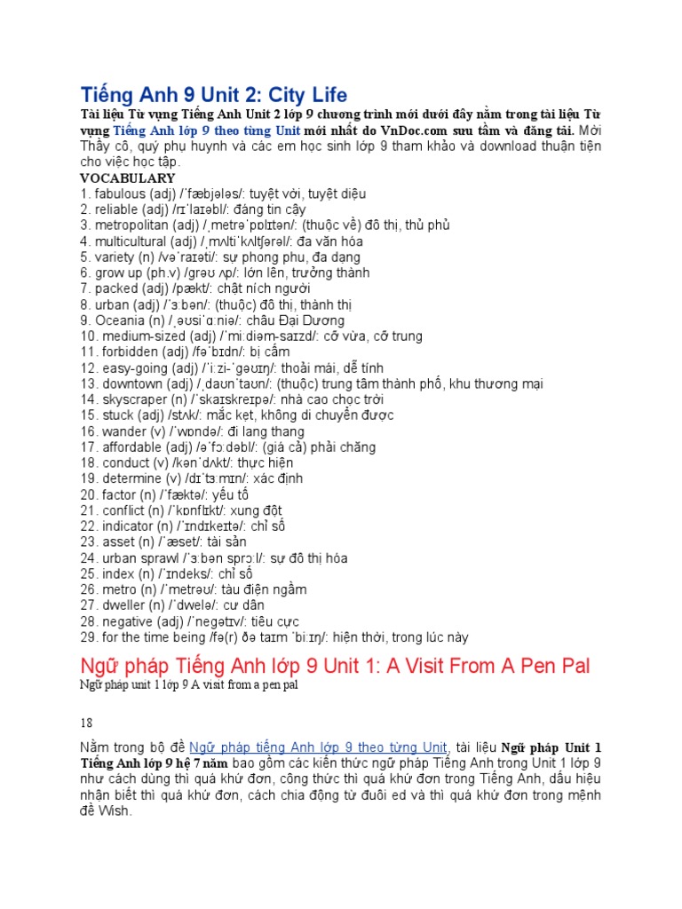 TỪ VỰNG TIẾNG ANH LỚP 9 UNIT 2 SÁCH GLOBAL SUCCESS PHẦN CITY LIFE