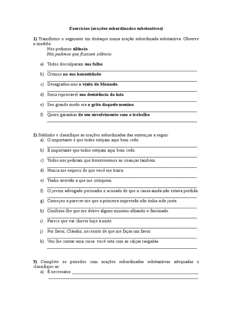 Exercício de Orações Subordinadas Substantivas | PDF | Oração | Sintaxe