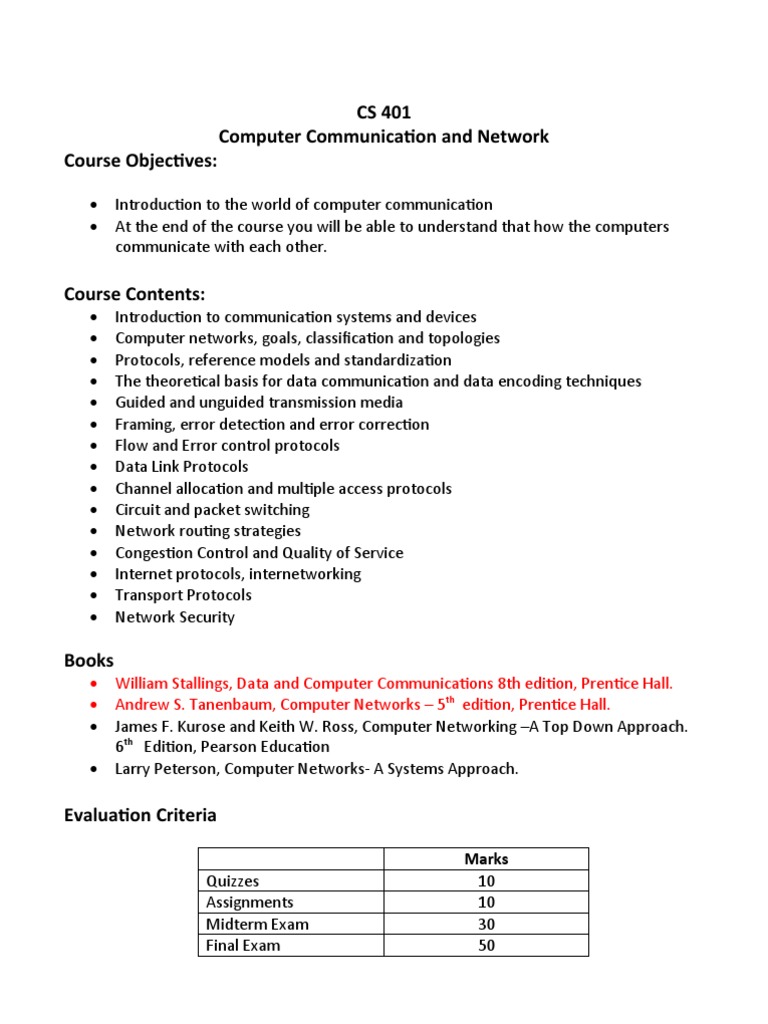 CS 401 Computer Communication and Network Course Objectives | PDF
