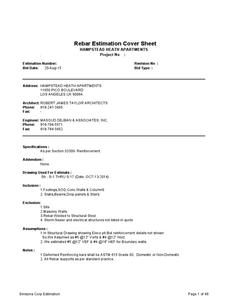 Rebar Estimation Cover Sheet: Hampstead Heath Apartments Project No ...
