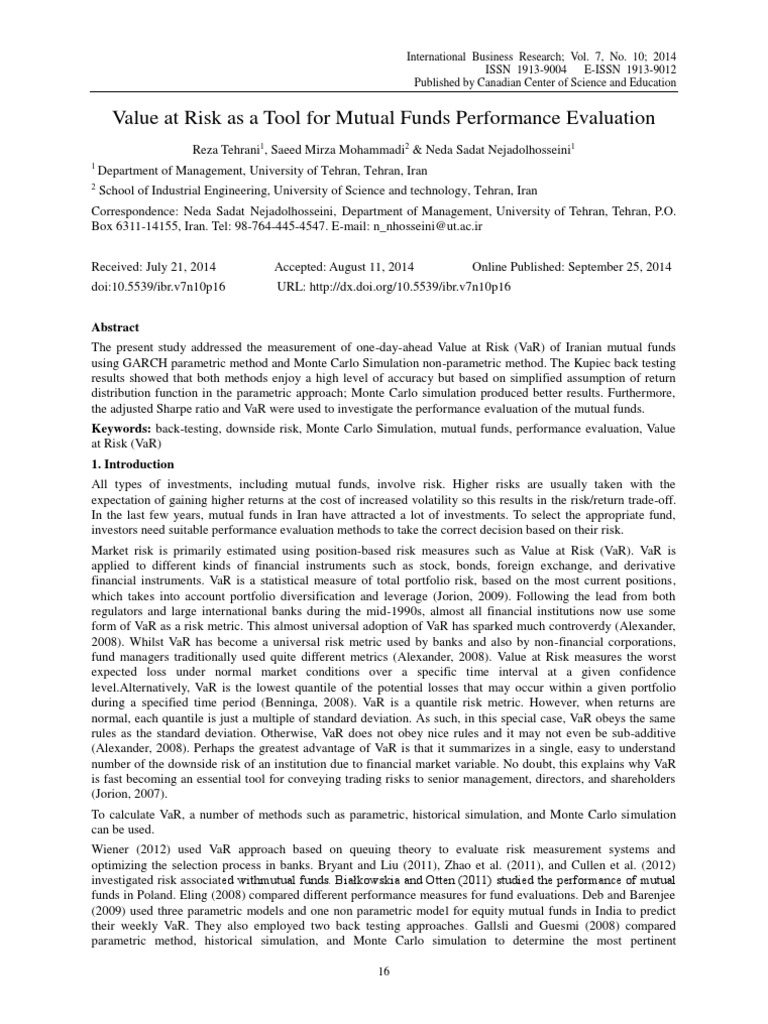 Value at Risk As A Tool For Mutual Funds Performance Evaluation PDF ...
