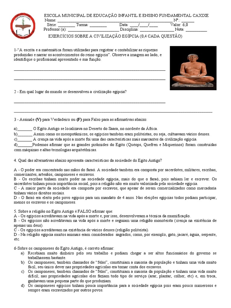 Exercicios 6 Ano - Egito | PDF | Antigo Egito | Religião egípcia antiga
