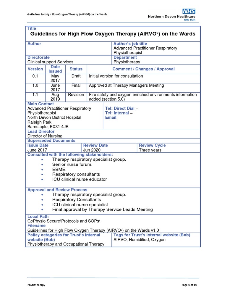 Guidelines For High Flow Oxygen Therapy (AIRVO ) On The Wards | PDF ...