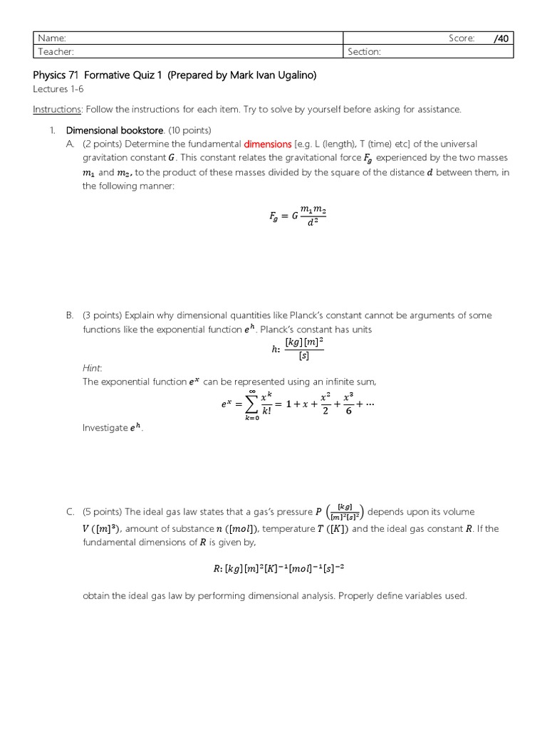 Physics 71 Formative Quiz Overview | PDF | Euclidean Vector | Gases