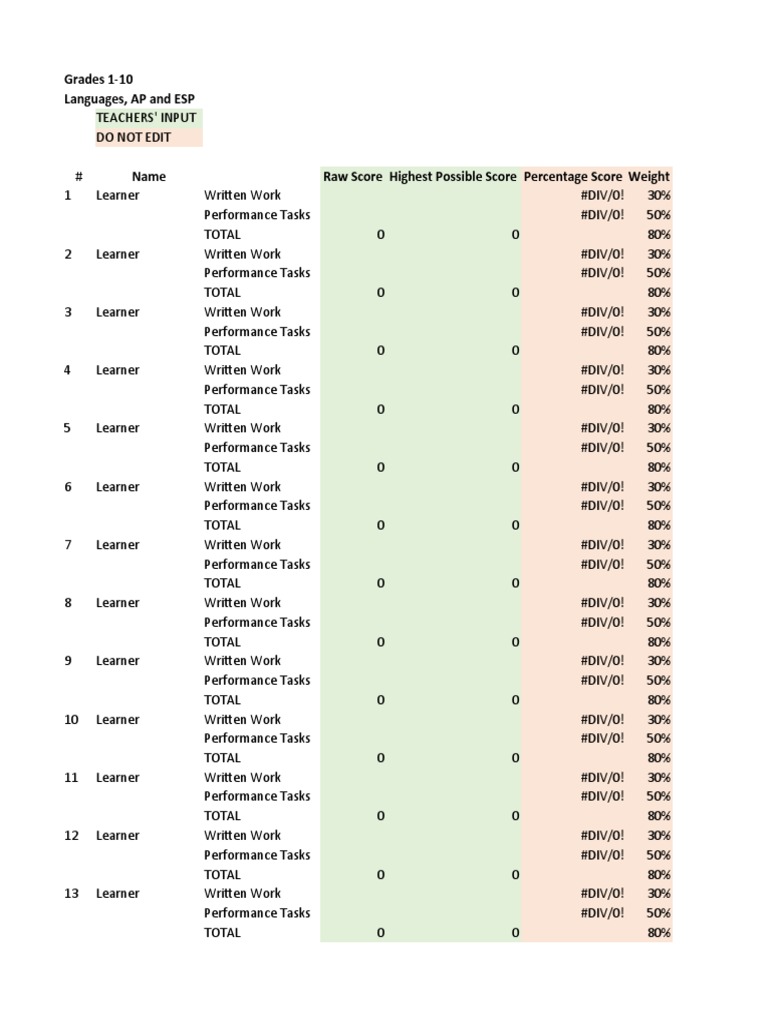 GR 1 To 10 - 4th QTR Grading Template For Schools With No Exams | PDF ...