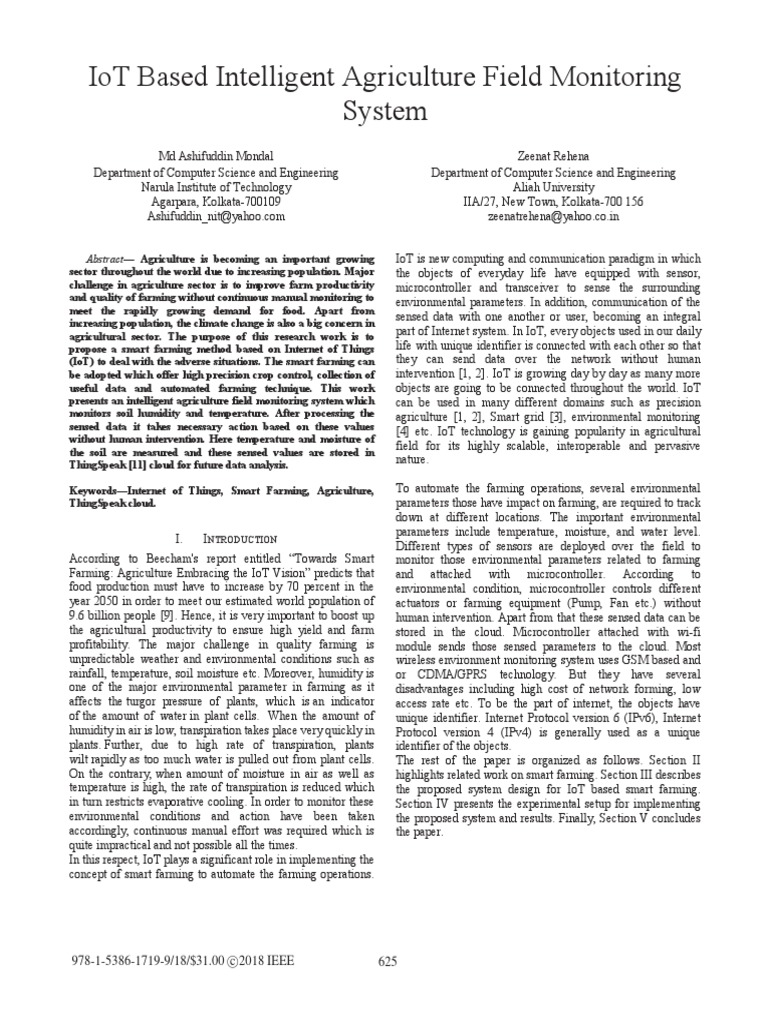 IoT Based Intelligent Agriculture Field Monitoring System PDF | PDF ...