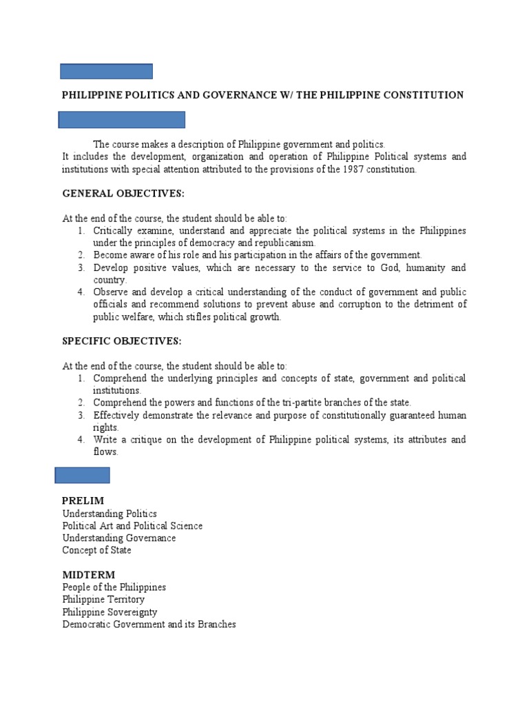 Philippine Politics and Governance Course | PDF | Constitution | Governance