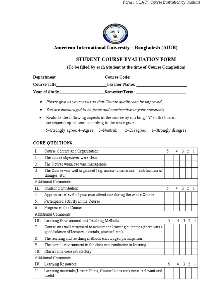 AIUB Student Course Evaluation Form | PDF | Course Evaluation ...