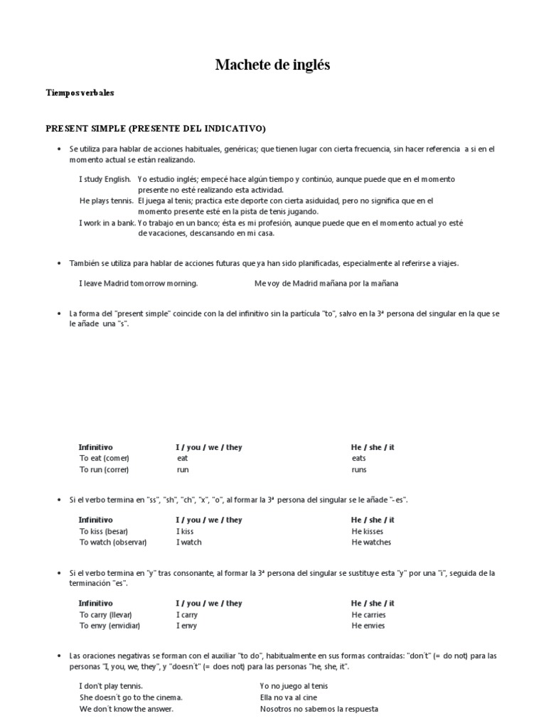Machete de Inglés PDF Verbo Mecánica del lenguaje