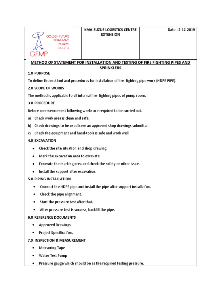 Method of Statement For HDPE Pipe Installation PDF