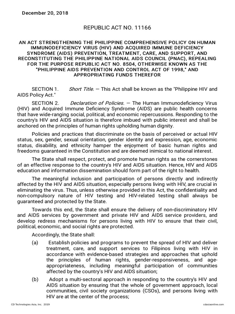 REPUBLIC ACT NO. 11166 (Philippine HIV and AIDS Policy Act) PDF | PDF ...
