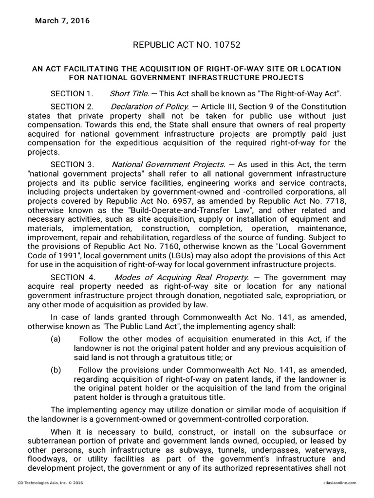 REPUBLIC ACT NO. 10752 (The Right-of-Way Act) PDF | PDF