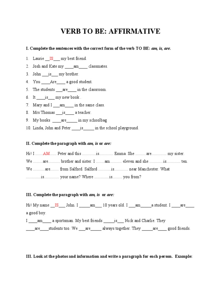 Affirmative Exercises for Verb 