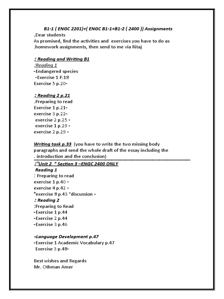 B1-1 Homework Assignments Guide | PDF | Teaching Methods & Materials