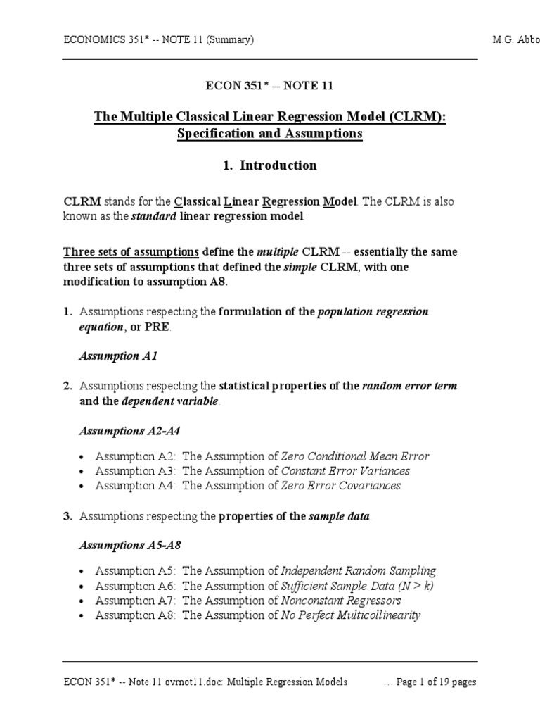 The Multiple Classical Linear Regression Model (CLRM) : Specification ...