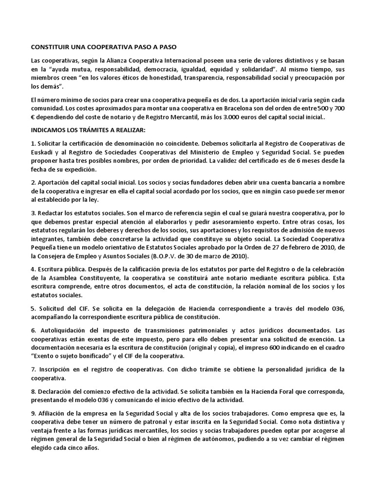 Constituir Una Cooperativa Paso A Paso | PDF | Cooperativa | Sociedad ...