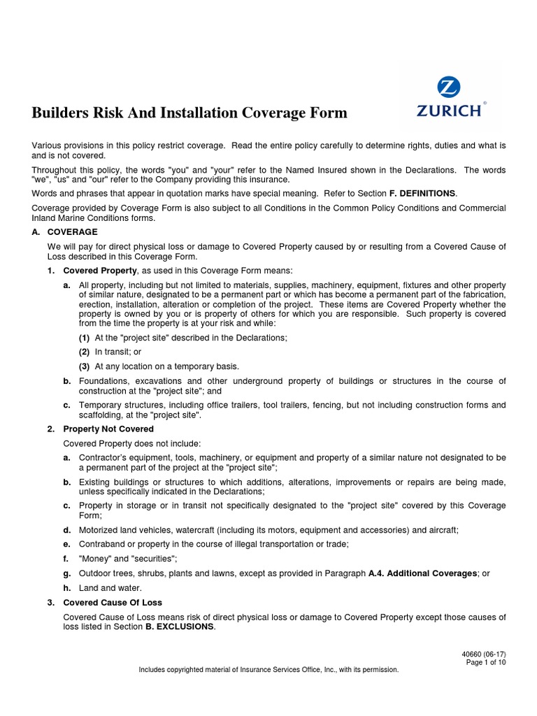 Zurich Builders Risk and Installation Coverage Form PDF Deductible