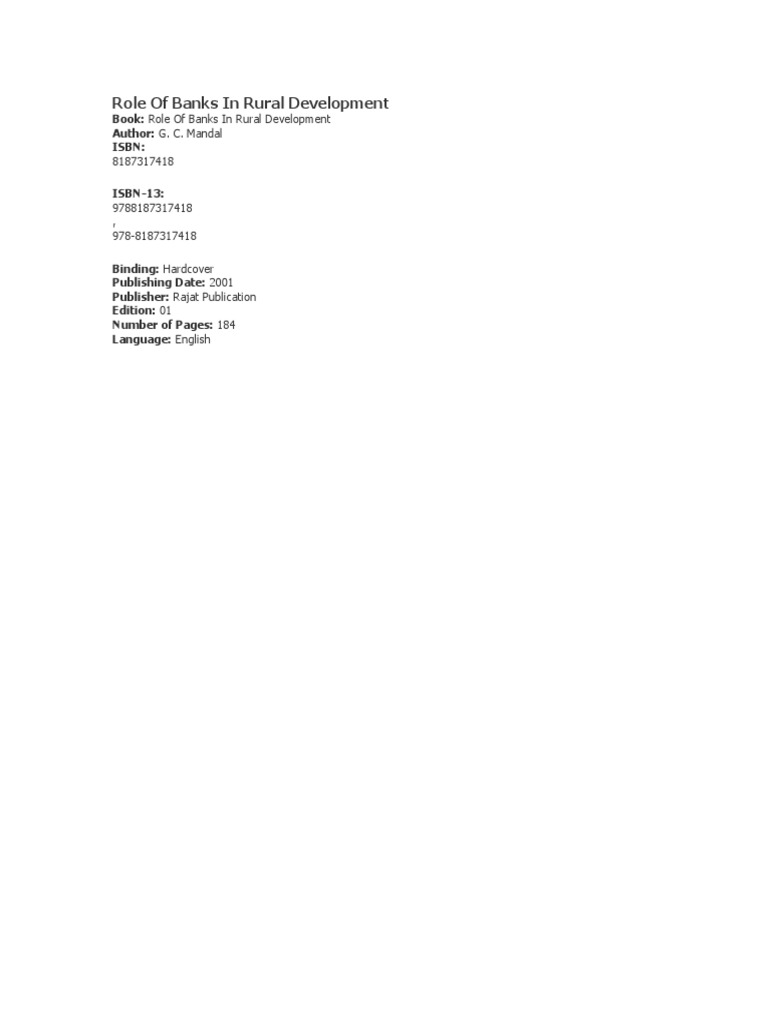 Role of Banks in Rural Development | PDF | International Standard Book ...