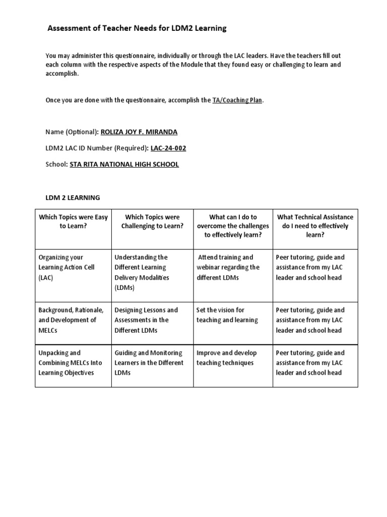 Teacher Needs Assessment for LDM2 | PDF | Distance Education | Learning