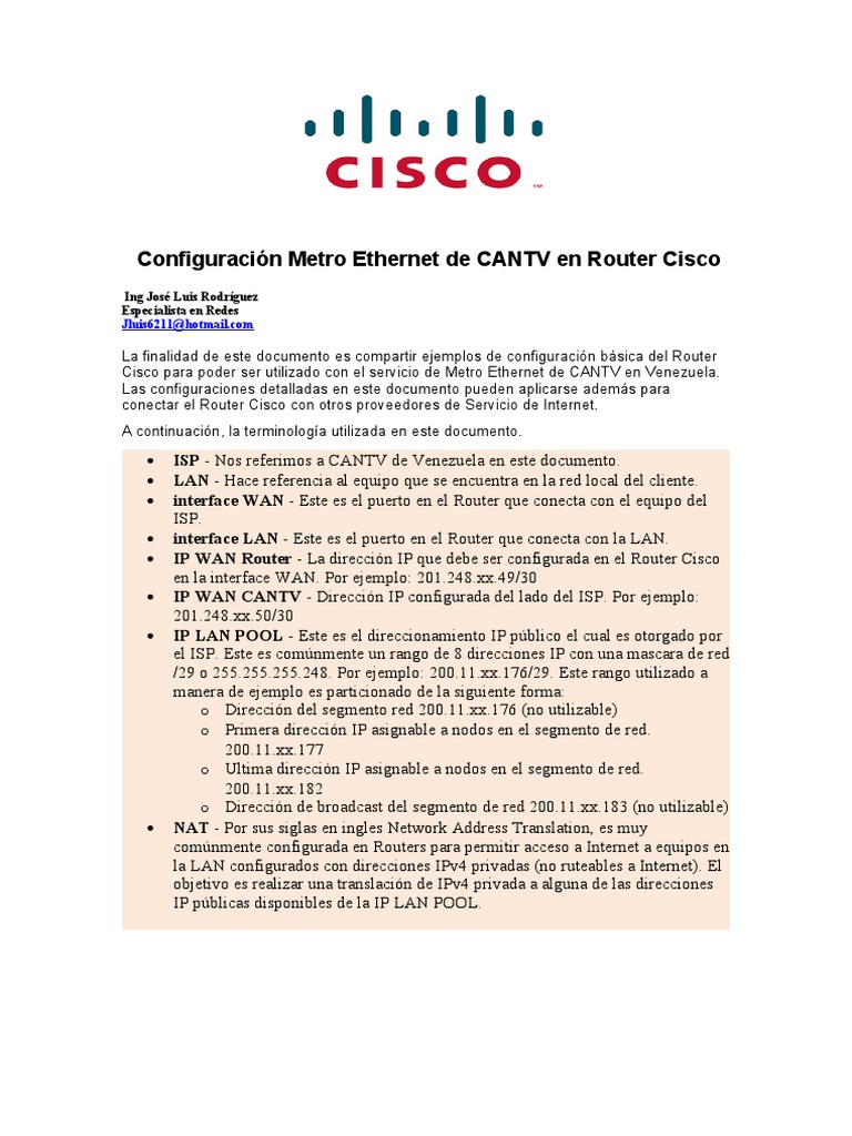 Configuración Metro Ethernet de CANTV en Router Cisco | PDF