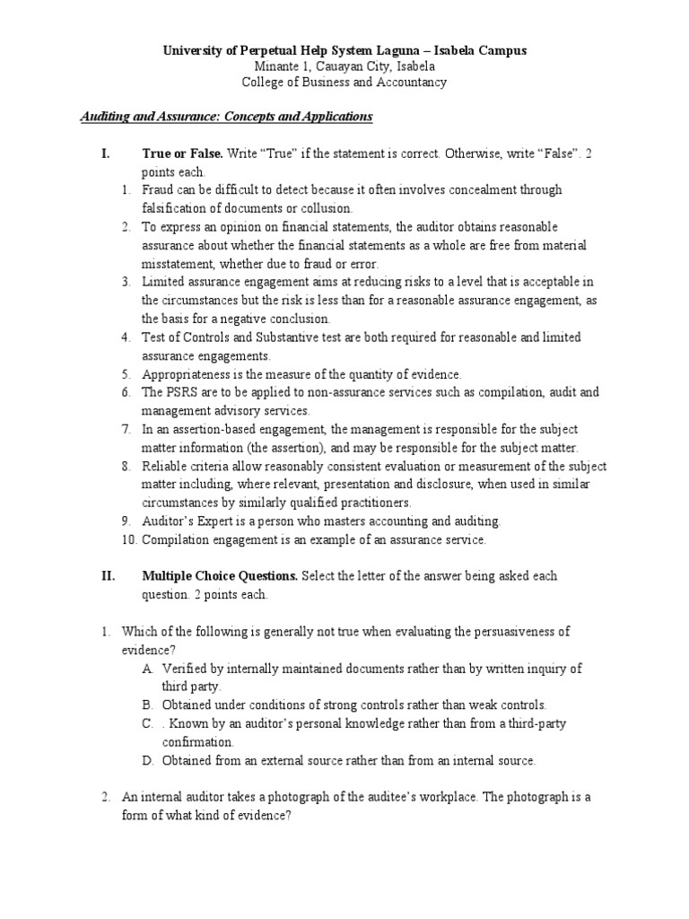 Auditing Concepts Prelim Exam Review | PDF | Financial Audit | Audit