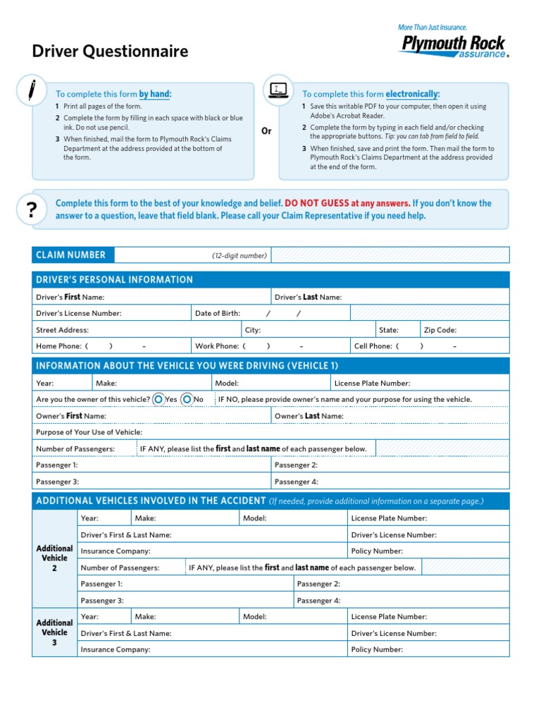 Driver Questionnaire To Complete This Form by Hand To Complete This