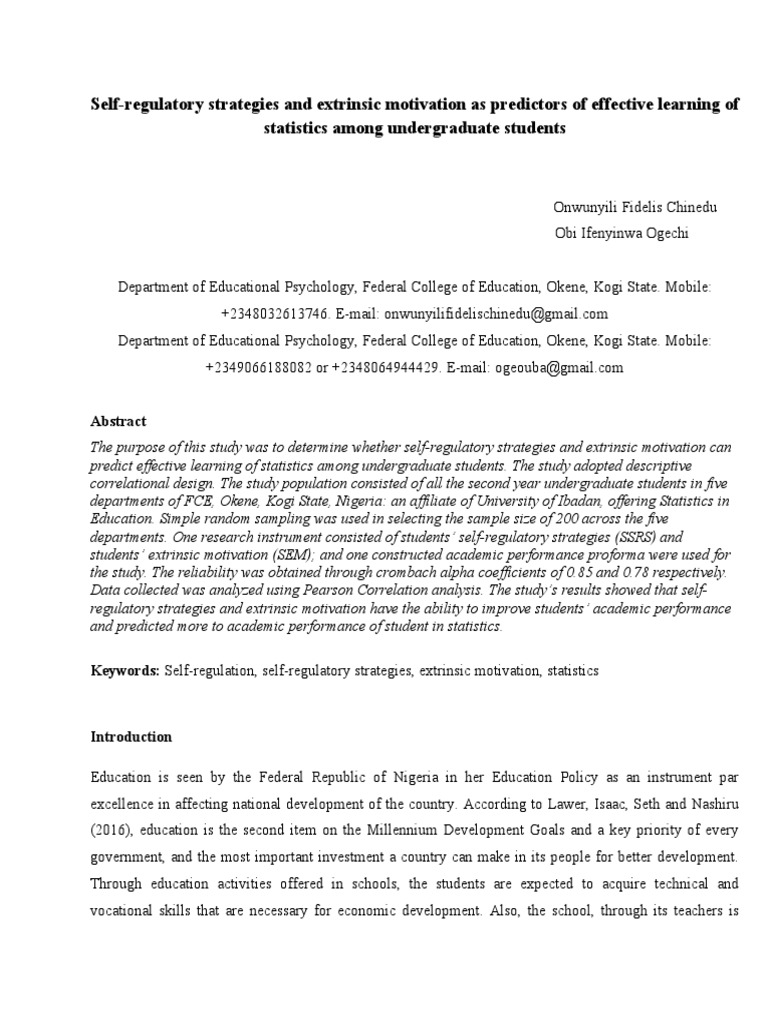Self-Regulation and Motivation in Statistics Learning | PDF ...