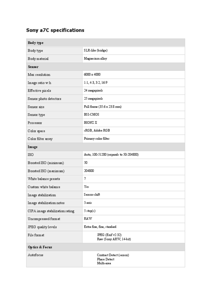 Sony A7c Specifications PDF Raw Image Format Image Stabilization
