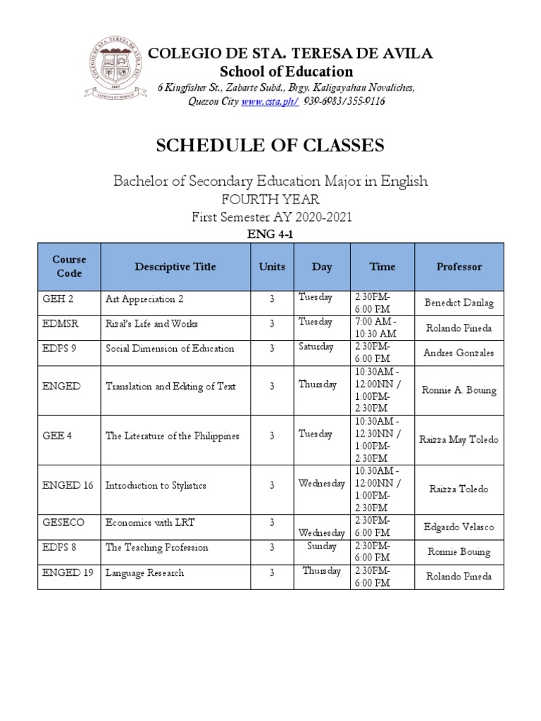 BSED English Class Schedule 2020-2021 | PDF | Further Education