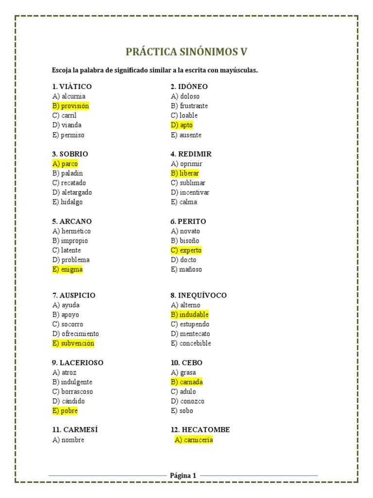 Práctica Sinónimos V | PDF | Bienestar | Medicina